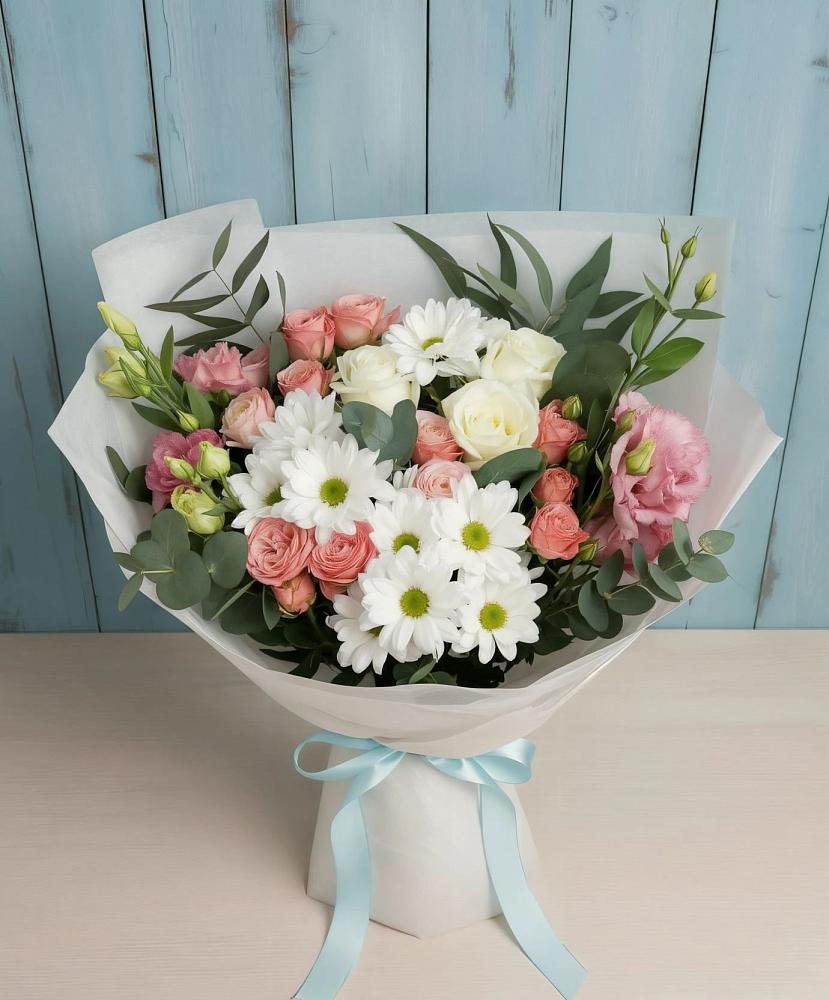 Букет цветов из: Розы, Лизиантусы и Хризантемы в Добрыниху