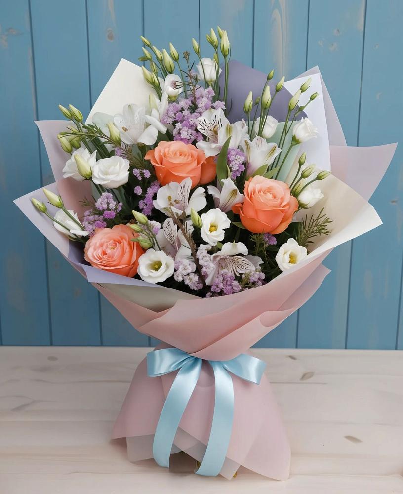 Букет цветов из: Лизиантусы, Розы, Альстромерии и Гипсофила в Добрыниху