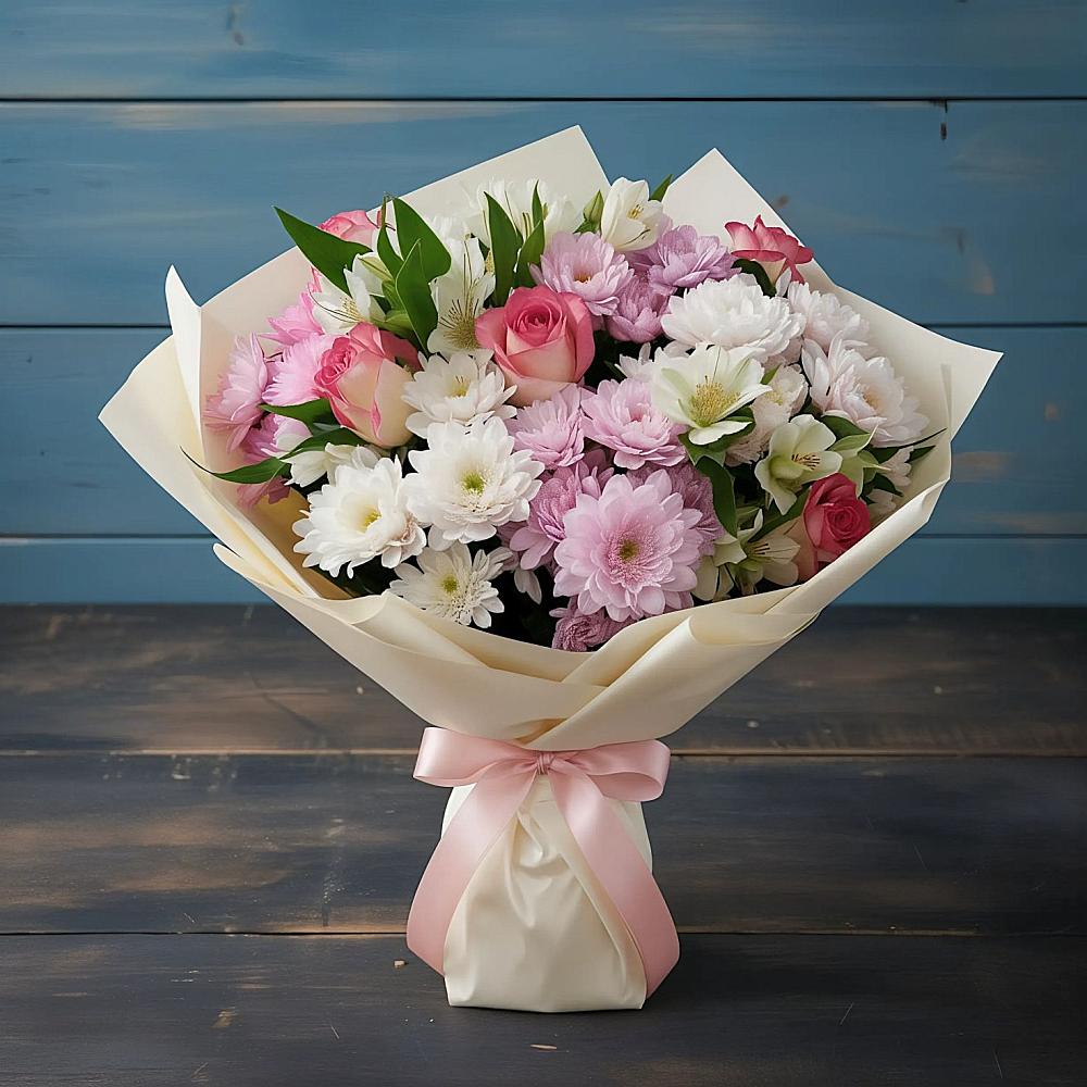 Букет цветов из: Хризантемы, Альстромерии и Розы в Добрыниху